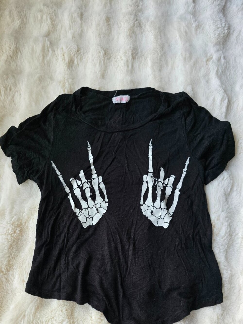 Black Cropped T-shirt with white skeleton hand graphic